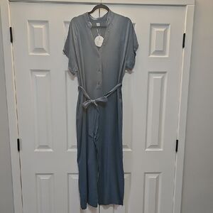 Anrabess Women's Light Blue Jumpsuit Button Front Wide Leg Womens L NEW